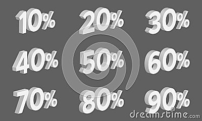 Set of 3D Discount Isometric Numbers with Percentages Vector Illustration