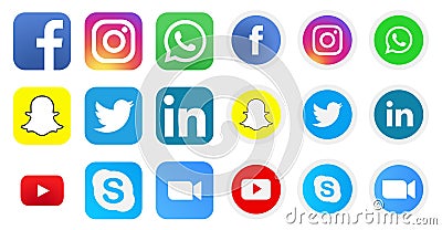 Collection of social media icons and logos with zoom and skype icon Vector Illustration