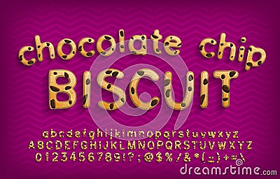 Chocolate Chip biscuit alphabet font. Cartoon cookie letters, numbers and punctuation. Vector Illustration