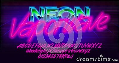 Neon Vaporwave alphabet font. Glowing neon letters, numbers and punctuations. Vector Illustration