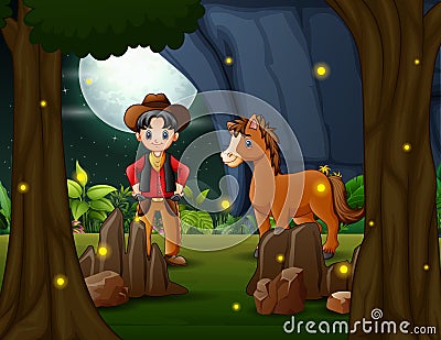 Happy cowboy and a horse in the night landscape Cartoon Illustration