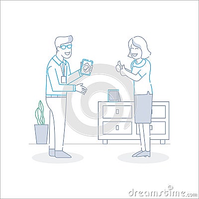 a home service salesman selling to a homeowner Vector Illustration