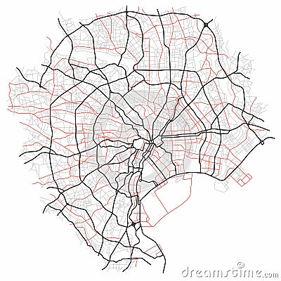 Tokyo city map Japan - town streets on the plan. Monochrome line map of the scheme of road. Vector Illustration