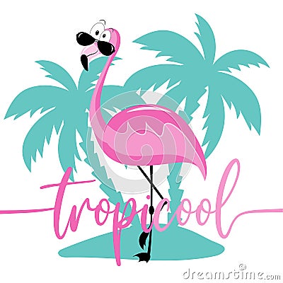 TropiCool- funny slogan with flaming on island. Vector Illustration