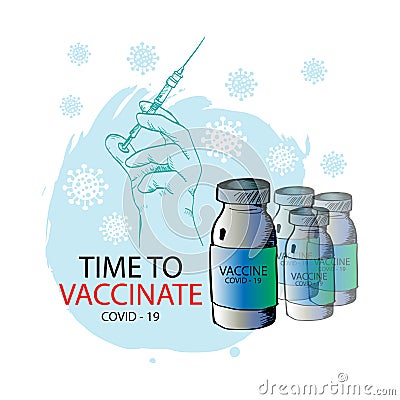 Time to vaccinate Vaccine bottle Coronavirus syringe icons. Stock Photo
