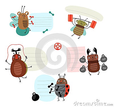 Funny sportsmen beetles. Fitness. Form for text Vector Illustration