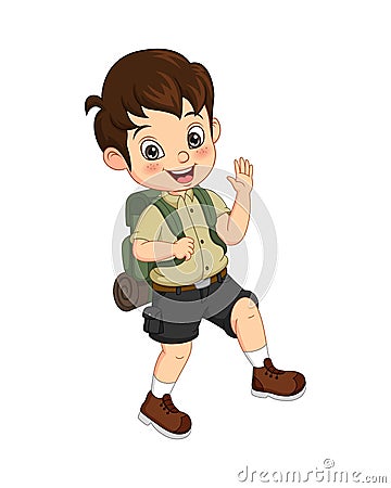 Cartoon boy explorer with backpack waving hand Vector Illustration