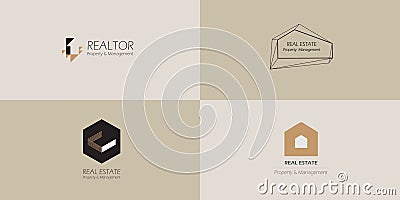 Minimal simple real estate logo template in black, gold colors. abstract line house silhouette Vector Illustration