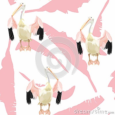 Pelican bird with pink bananas leaves silhouette floral seamless pattern on white background. Stock Photo