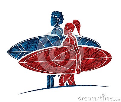 Surfer Action Group of Surfing Sport Man and Woman Players Cartoon Graphic Vector Vector Illustration