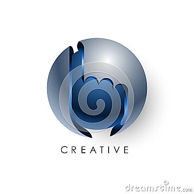 Pressed index finger logo template in blue gray circle 3d design for business and corporate identity Vector Illustration