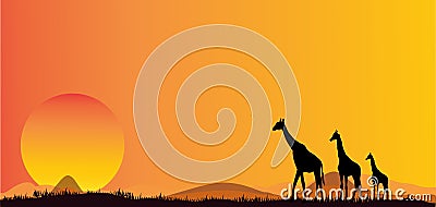 Silhouettes Of African Jungle Giraffe Sunset Safari Animals Vector Stock Photo