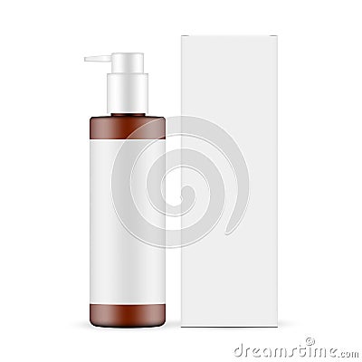 Amber Pump Bottle Mockup with Paper Box Vector Illustration