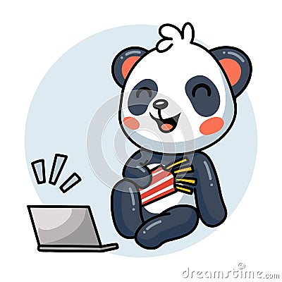 Cute panda cartoon laughing on laptop with french fried Vector Illustration
