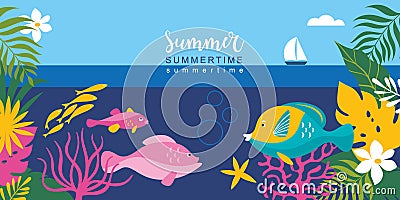 Horizontal banner with jungle exotic leaves, colors fishes, seaweed, marine life. Vector Illustration