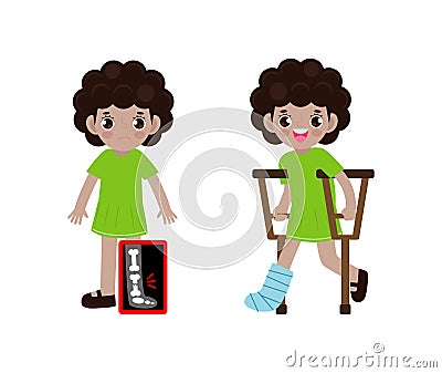 Cute cartoon Caucasian children with broken leg on x-ray and recovering with cast and crutches. Bone fracture treatment for kids. Vector Illustration