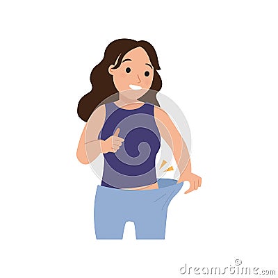 Woman feeling happy because of successful diet. Loose pant as a result of weight loss. Vector Illustration