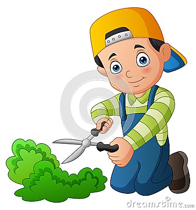 Young gardener trims a grass with scissors Vector Illustration