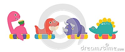 Set of summer Cute Dinosaur in swimming nd rubber ring, tyrannosaurus, triceratops,stegosaurus, nessie cartoon floating Vector Illustration