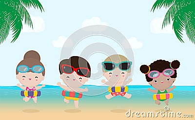 Summer Time, Happy group kids in swimming clothes with inflatable toys on beach, children with inflatable buoy jumping Vector Illustration