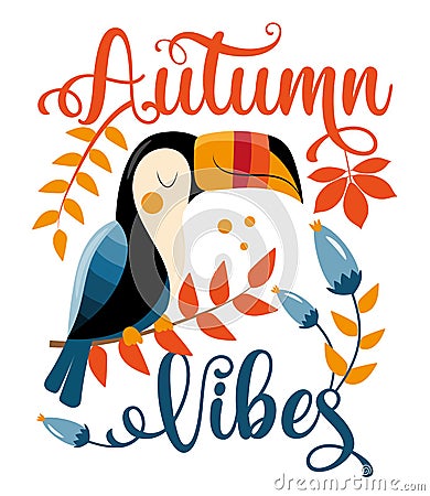 Autum vibes- toucan bird on branch with autumn leaves Vector Illustration