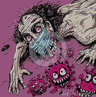 Horror illustration a zombie and coronavirus. Vector Illustration