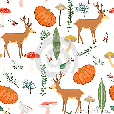 Seamless childish pattern with cute deers in the wood. Creative autumn forest texture for fabric. Stock Photo