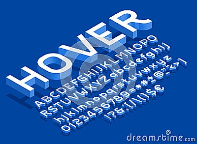 Hover alphabet font. Isometric letters, numbers and punctuation with shadow. Uppercase and lowercase. Vector Illustration