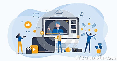 Flat vector illustration video content creator team working and make money with internet online media Vector Illustration