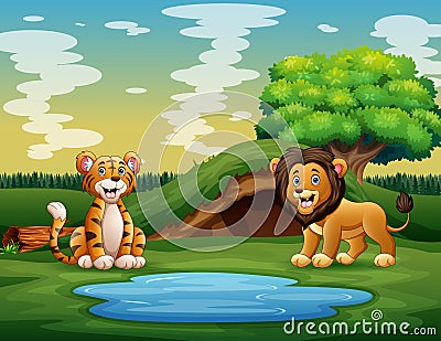 The wild animals enjoying nature near the pond Vector Illustration