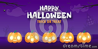 Happy Halloween banner or party invitation background with night clouds and pumpkins in the sky, poster party, Place for text Vector Illustration