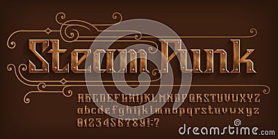 Steam Punk alphabet font. Rivet letters and numbers and symbols. Uppercase and lowercase. Vector Illustration