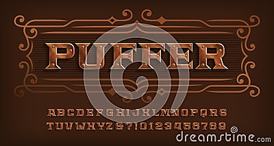 Puffer alphabet font. Steam punk rivet letters and numbers. Vector Illustration