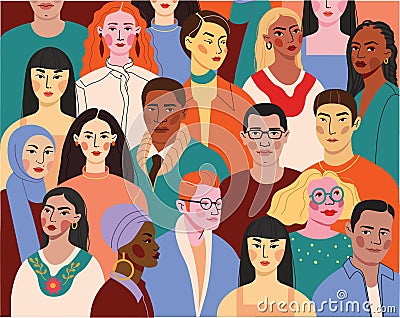 Crowd of young and elderly men and women in trendy hipster clothes. Diverse group of stylish people standing together. Society or Vector Illustration