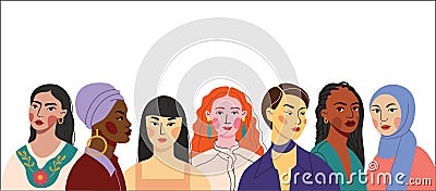 Multi-ethnic women. A group of beautiful women with different beauty, hair and skin color. The concept of women, femininity, diver Vector Illustration