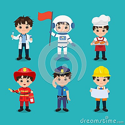 Collection of cute boy in different profession. Labor day clip art. Vector Illustration