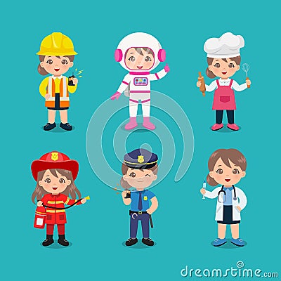 Collection of cute girl in different profession. Labor day clip art. Vector Illustration