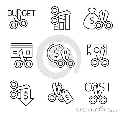 Cost cutting, budget cut line icons Vector Illustration