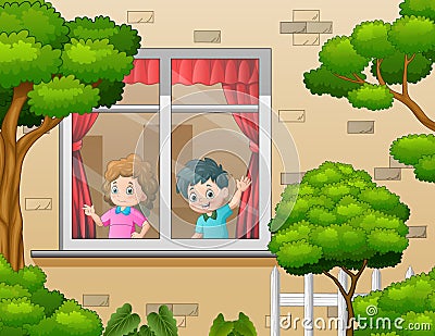 Children behind the window are look outside the house around Vector Illustration