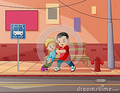 Illustration of a boy bullying little kid in the street Vector Illustration