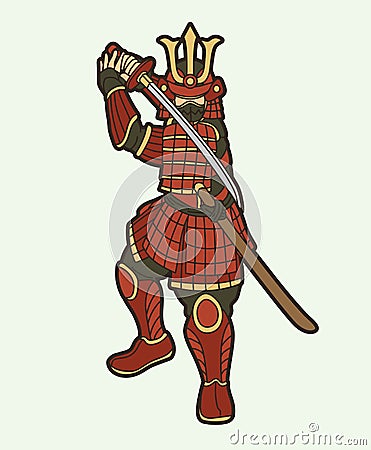 Samurai Warrior with Weapon and Armor Ronin Japanese Soldier Fighter Action Graphic Vector Vector Illustration