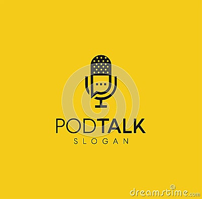 Podcast mic with talk chat bubble logo icon design Vector illustration. broadcast logo studio template. pictogram for web site Vector Illustration