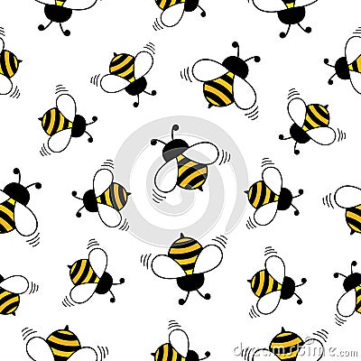 Bee seamless pattern. Honey bees flying on white background. Vector Illustration