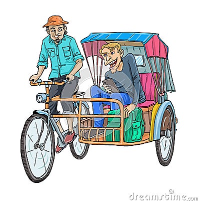 Freehand illustration, the rickshaw pullers carry a passenger Vector Illustration