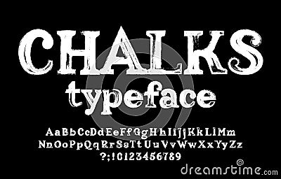 Chalks alphabet font. Handwritten uppercase and lowercase letters, numbers and symbols. Vector Illustration
