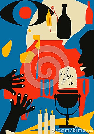 Musical promotional poster with musical instrument colorful vector illustration. Piano and microphone with bottles for live concer Vector Illustration