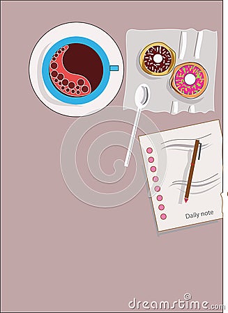 Coffee, donuts and paper note in illustration Stock Photo