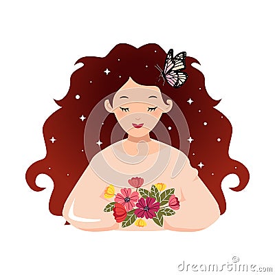 Cute girly woman with beautiful hair holding a bouquet of flower. Vector Illustration