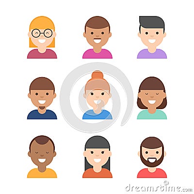 Collection of avatars of young men and women of various races Vector Illustration