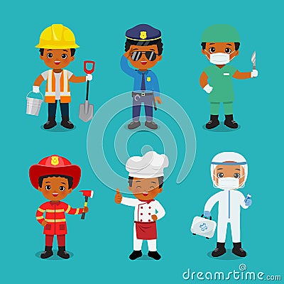 Collection of cute boy in different profession. Labor day clip art. Vector Illustration